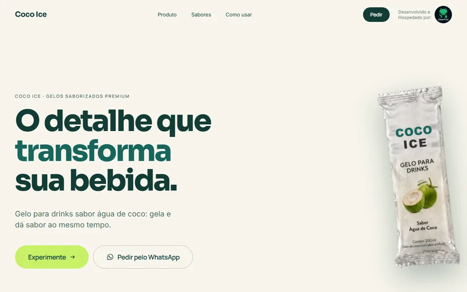 Página inicial do site da Coco Ice, gelo de coco saborizado para drinks